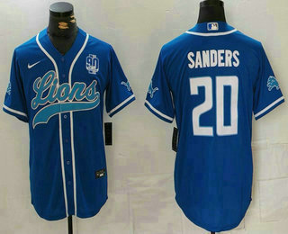 Men's Detroit Lions #20 Barry Sanders Blue White With 90th Patch Cool Base Stitched Baseball Jersey