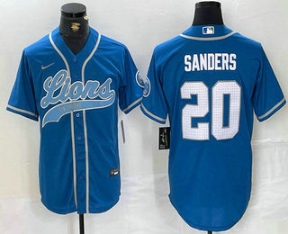 Men's Detroit Lions #20 Barry Sanders Blue With Patch Cool Base Stitched Baseball Jersey