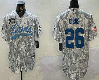 Men's Detroit Lions #26 Jahmyr Gibbs Arctic Camo 2024 Salute to Service Stitched Baseball Jersey