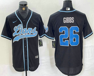 Men's Detroit Lions #26 Jahmyr Gibbs Black With Patch Cool Base Stitched Baseball Jersey