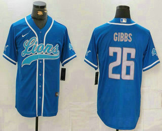 Men's Detroit Lions #26 Jahmyr Gibbs Blue Grey Cool Base Stitched Baseball Jersey