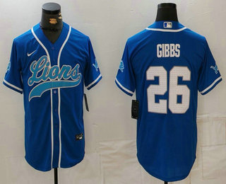 Men's Detroit Lions #26 Jahmyr Gibbs Blue Grey White Cool Base Stitched Baseball Jersey