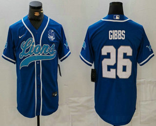 Men's Detroit Lions #26 Jahmyr Gibbs Blue Grey White With 90th Patch Cool Base Stitched Baseball Jersey