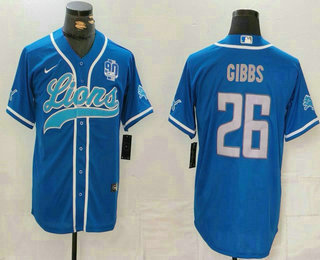 Men's Detroit Lions #26 Jahmyr Gibbs Blue Grey With 90th Patch Cool Base Stitched Baseball Jersey