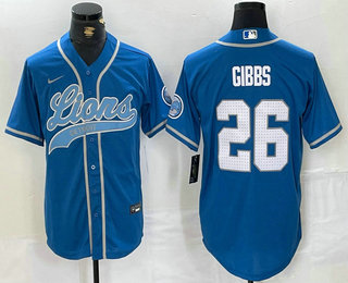 Men's Detroit Lions #26 Jahmyr Gibbs Blue With Patch Cool Base Stitched Baseball Jersey