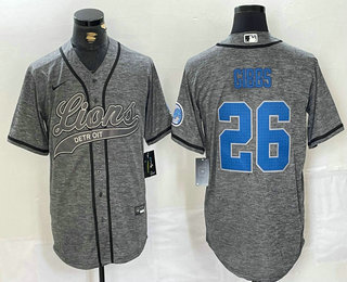 Men's Detroit Lions #26 Jahmyr Gibbs Grey Gridiron With Patch Cool Base Stitched Baseball Jersey