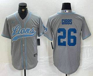 Men's Detroit Lions #26 Jahmyr Gibbs Grey With Patch Cool Base Stitched Baseball Jersey