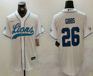 Men's Detroit Lions #26 Jahmyr Gibbs White Cool Base Stitched Baseball Jersey