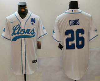 Men's Detroit Lions #26 Jahmyr Gibbs White With 90th Patch Cool Base Stitched Baseball Jersey