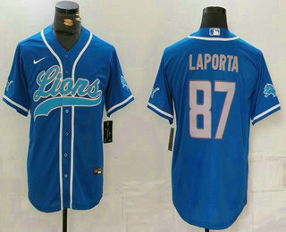 Men's Detroit Lions #87 Sam LaPorta Blue Grey Cool Base Stitched Baseball Jersey