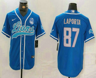 Men's Detroit Lions #87 Sam LaPorta Blue Grey With 90th Patch Cool Base Stitched Baseball Jersey