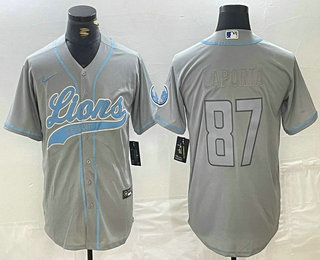 Men's Detroit Lions #87 Sam Laporta Grey With Patch Cool Base Stitched Baseball Jersey