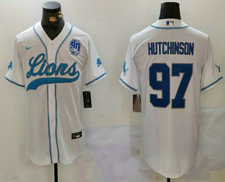 Men's Detroit Lions #97 Aidan Hutchinson Blue 2024 90th Patch Cool Base Stitched Baseball Jersey