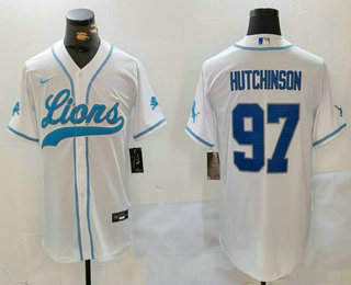 Men's Detroit Lions #97 Aidan Hutchinson Blue 2024 Cool Base Stitched Baseball Jersey