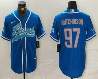 Men's Detroit Lions #97 Aidan Hutchinson Blue Cool Base Stitched Baseball Jersey