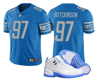 Men's Detroit Lions #97 Aidan Hutchinson Blue Stitched Jersey  AJ 12 Shoes