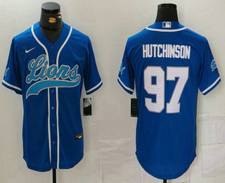 Men's Detroit Lions #97 Aidan Hutchinson Blue White Cool Base Stitched Baseball Jersey