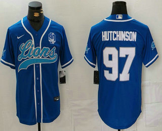 Men's Detroit Lions #97 Aidan Hutchinson Blue White With 90th Patch Cool Base Stitched Baseball Jersey