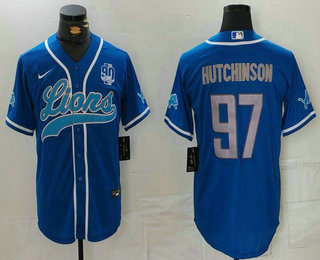 Men's Detroit Lions #97 Aidan Hutchinson Blue With 90th Patch Cool Base Stitched Baseball Jersey