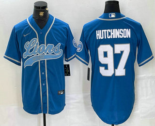 Men's Detroit Lions #97 Aidan Hutchinson Blue With Patch Cool Base Stitched Baseball Jersey