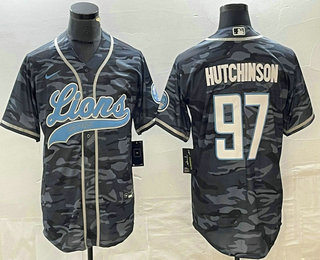 Men's Detroit Lions #97 Aidan Hutchinson Grey Camo With Patch Cool Base Stitched Baseball Jersey