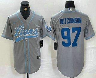 Men's Detroit Lions #97 Aidan Hutchinson Grey With Patch Cool Base Stitched Baseball Jersey