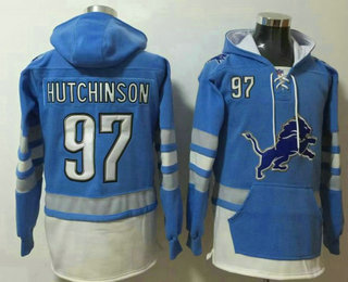 Men's Detroit Lions #97 Aidan Hutchinson NEW Blue Pocket Stitched NFL Pullover Hoodie