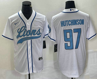 Men's Detroit Lions #97 Aidan Hutchinson White With Patch Cool Base Stitched Baseball Jersey