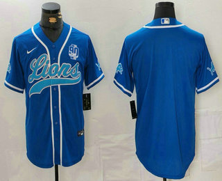 Men's Detroit Lions Blank Blue With 90th Patch Cool Base Stitched Baseball Jersey