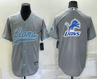 Men's Detroit Lions Grey Team Big Logo With Patch Cool Base Stitched Baseball Jersey