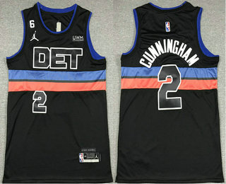 Men's Detroit Pistons #2 Cade Cunningham Black 6 Patch 2022 Statement Icon Sponsor Swingman Jersey