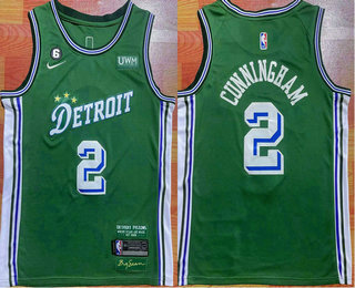 Men's Detroit Pistons #2 Cade Cunningham Green 2022 City Edition With 6 Patch Stitched Jersey With Sponsor