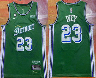 Men's Detroit Pistons #23 Jaden Ivey Green 2022 City Edition With 6 Patch Stitched Jersey With Sponsor