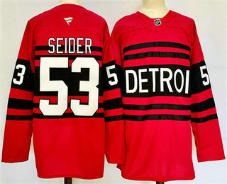 Men's Detroit Red Wings 53 Moritz Seider Red 2024 Reverse Retro Stitched Jersey