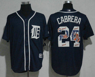 Men's Detroit Tigers #24 Miguel Cabrera Navy Blue Team Logo Ornamented Stitched MLB Majestic Cool Base Jersey