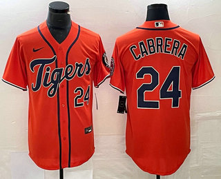 Men's Detroit Tigers #24 Miguel Cabrera Number Orange Stitched Cool Base Nike Jersey