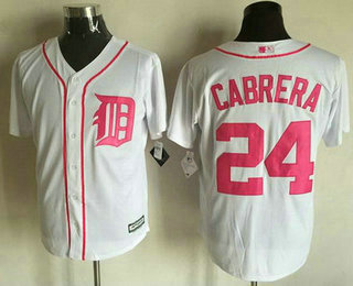 Men's Detroit Tigers #24 Miguel Cabrera White With Pink 2016 Mother's Day Baseball Cool Base Jersey