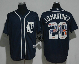 Men's Detroit Tigers #28 J.D. Martinez Navy Blue Team Logo Ornamented Stitched MLB Majestic Cool Base Jersey