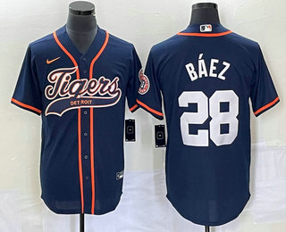 Men's Detroit Tigers #28 Javier Baez Navy Blue Cool Base Stitched Baseball Jersey