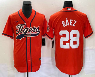 Men's Detroit Tigers #28 Javier Baez Orange Cool Base Stitched Baseball Jersey