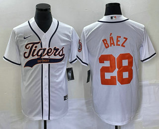 Men's Detroit Tigers #28 Javier Baez White Cool Base Stitched Baseball Jersey