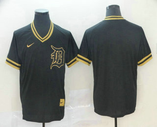 Men's Detroit Tigers Blank Black Gold Nike Cooperstown Legend V Neck Jersey