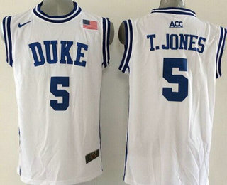 Men's Duke Blue Devils #5 Tyus Jones 2015 White Round Collar Jersey