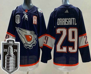 Men's Edmonton Oilers #29 Leon Draisaitl Navy 2022 Reverse Retro 2024 Stanley Cup Final Authentic Jersey