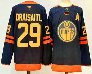 Men's Edmonton Oilers #29 Leon Draisaitl Navy Blue A Patch 2024 Stitched Jersey