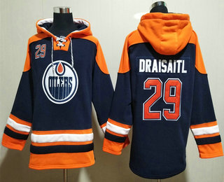 Men's Edmonton Oilers #29 Leon Draisaitl Navy Blue Ageless Must Have Lace Up Pullover Hoodie