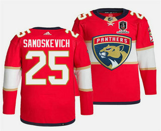 Men's Florida Panthers #25 Mackie Samoskevich Red Home 2024 Stanley Cup Champions Stitched Jersey