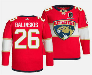 Men's Florida Panthers #26 Uvis Balinskis Red Home 2024 Stanley Cup Champions Stitched Jersey
