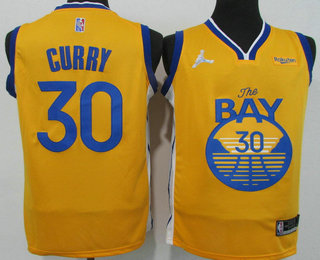 Men's Golden State Warriors #30 Stephen Curry 75th Diamond Yellow Jordan 2021 Stitched Jersey With Sponsor