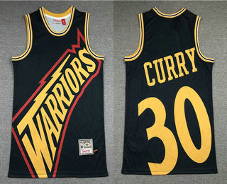 Men's Golden State Warriors #30 Stephen Curry Black Big Face Mitchell Ness Hardwood Classics Soul Swingman Throwback Jersey